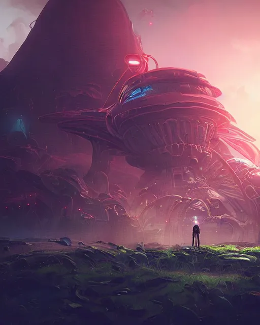 Image similar to alien temple, beautiful landscape, nier automata, protoss!!!!, machine planet, mothership in the sky, pink sun, tropical forest, colorful light, advanced technology, cinematic lighting, highly detailed, masterpiece, art by bastien grivet and darwin cellis and jan urschel