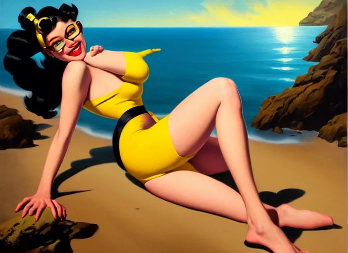 Image similar to the style of the artist gil elvgren, a girl with black hair, overwatch tracer, with a very beautiful symmetrical face, a smile on her face, tanned skin, in a yellow bikini, against the background of a sea beach, in art style, high detail, digital painting, hyperrealism
