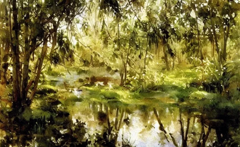 Prompt: oil painting lanscape by anders zorn, jungle nature, fruit trees, very very very very beautiful art, dramatic light, water reflections, aquarelle paint splashes and drips, drops