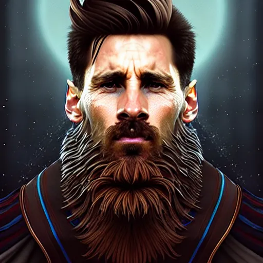 Image similar to Messi with a majestic beard, closeup, D&D, fantasy, intricate, elegant, highly detailed, digital painting, artstation, concept art, matte, sharp focus, illustration, art by Artgerm and Greg Rutkowski and Alphonse Mucha