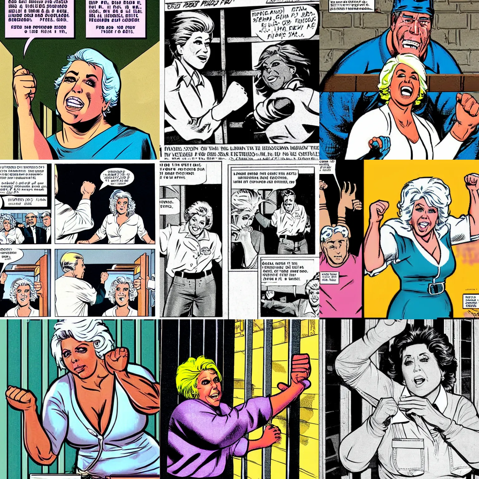 Prompt: Paula Deen tearing through prison bars with her bare fists, 1980s comic book panel