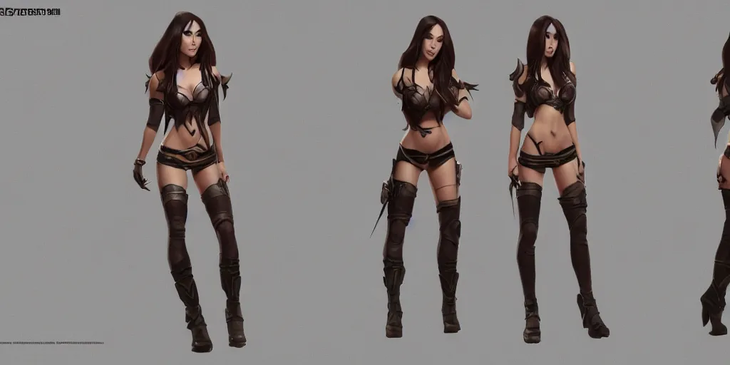 Prompt: character sheet of Megan Fox as a character in the game League of Legends, with a background based on the game League of Legends, 3d render, octane render, iRay, ray tracing, realistic, highly detailed, trending on artstation, 4k, cgsociety, unreal engine 5, redshift render, blender cycles, behance, cg