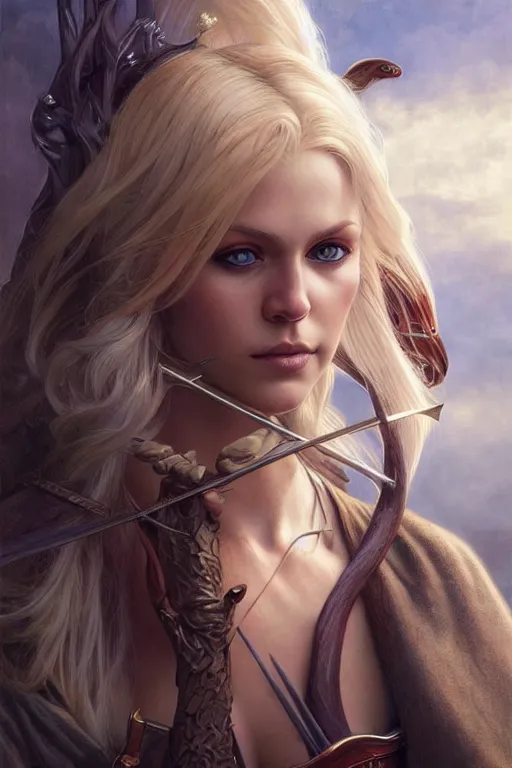 Image similar to portrait of blonde elven archer, dark, piercing eyes, gentle expression, elegant clothing, photorealistic, highly detailed, artstation, smooth, sharp focus, art by michael whelan, artgerm, greg rutkowski and alphonse mucha