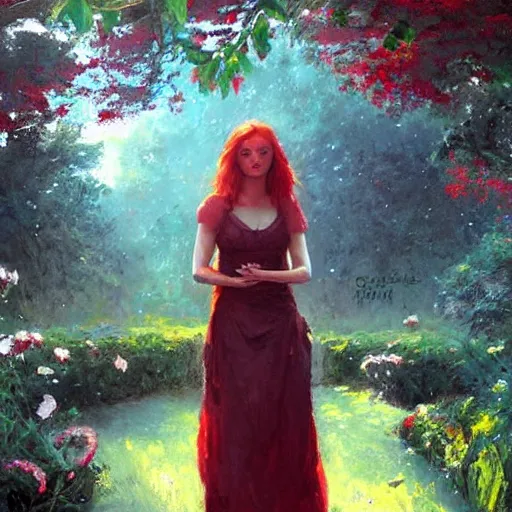 Prompt: a beautiful red haired woman in a garden, beautiful painting by greg rutkowski and magali villanueve