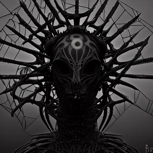 Prompt: goth dark fractal spider giger, hyper detailed, digital art, trending in artstation, cinematic lighting, studio quality, smooth render, unreal engine 5 rendered, octane rendered, art style by klimt and nixeu and ian sprigger and wlop and krenz cushart.