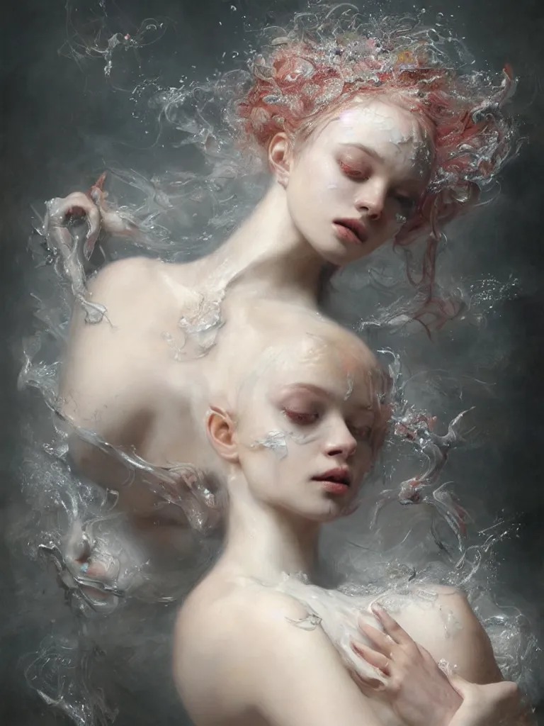 Prompt: breathtaking detailed soft painting of a nymphette with white paint splash, whip cream and milk flowing everywhere, frosting on head and shoulders, bones stained glass, rembrandt style, elegant, highly detailed, artstation, concept art, matte, sharp focus, art by casimir art, tom bagshaw, kelogsloops and greg rutkowski