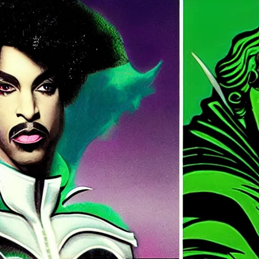 Prompt: a portrait of prince as gemini in a batman film. half his face is white with green hair. in the style of herbert bayer