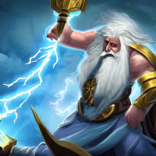 Image similar to zeus with white beard and hair, lightning bolt in zeus's hand, hearthstone art style, epic fantasy style art, fantasy epic digital art, epic fantasy card game art, zoom out