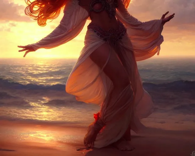 Prompt: woman dancing in extacy, sunset, deep focus,, fantasy, intricate, elegant, highly detailed, digital painting, artstation, concept art, matte, sharp focus, illustration, hearthstone, art by artgerm and greg rutkowski and alphonse mucha