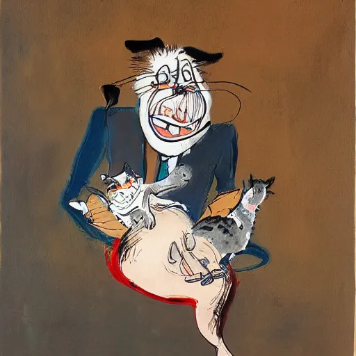 Prompt: a detailed painting of a man with a cat on his back by gerald scarfe and ralph steadman