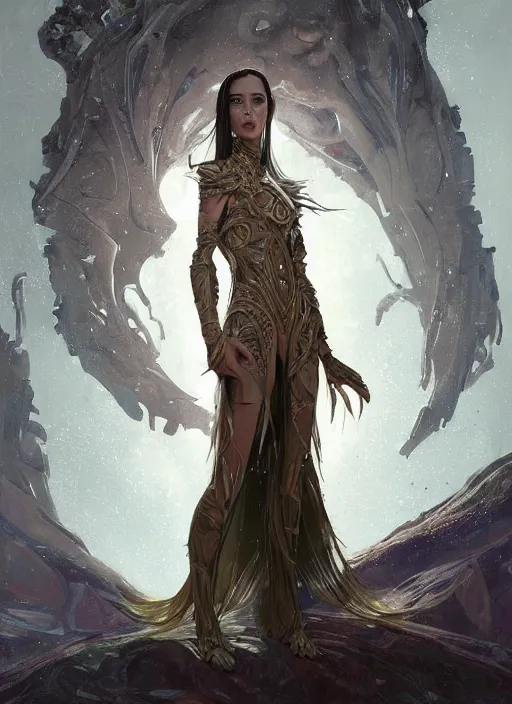 Image similar to a professional painting of a beautiful young female alien, clothed in ethereal armor, olive skin, long dark hair, beautiful bone structure, symmetrical facial features, intricate, elegant, digital painting, concept art, smooth, sharp focus, illustration, from Valerian and the City of a Thousand Planets, by Ruan Jia and Mandy Jurgens and Artgerm and William-Adolphe Bouguerea