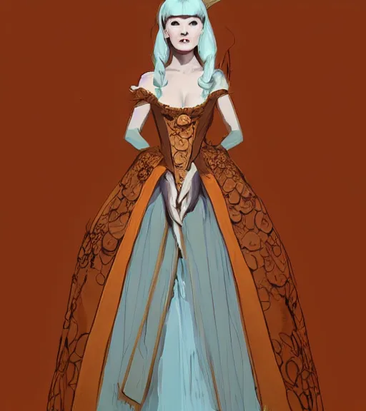 Image similar to portrait of a baroque dress design inspired by pumpkin from fantasy world for queen by atey ghailan, by greg rutkowski, by greg tocchini, by james gilleard, by joe fenton, by kaethe butcher, dynamic lighting, gradient light blue, brown, blonde cream and white color scheme, grunge aesthetic
