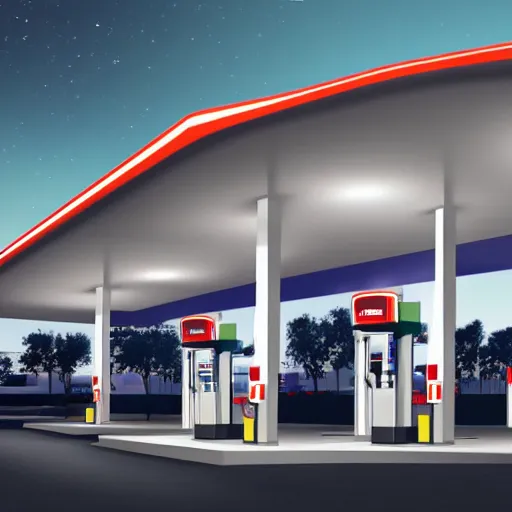 Prompt: a digital rendering of a gas station at night by emiliano ponzi