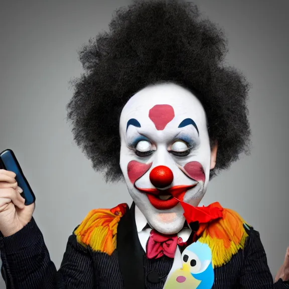 Prompt: sad clown holding a phone with the twitter logo on it