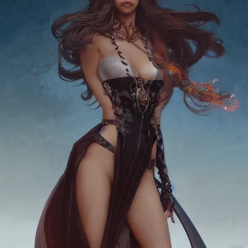 Image similar to kara del toro as a witch, gorgeous, leather, smooth, intricate, highly detailed, digital painting, artstation, concept art, sharp focus, illustration, art by greg rutkowski and alphonse mucha and even amundsen