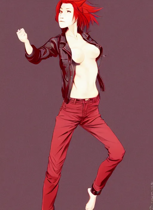 Prompt: full-body shot of an attractive tomboy girl with long, crimson red hair and red eyes, wearing a brown, open jacket and green jeans with a stern look, martial arts pose, concept art, character design, by WLOP, by Ross Draws, by Tomine, by Satoshi Kon, by Rolf Armstrong