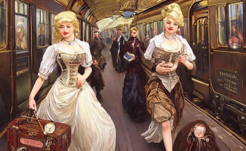 Image similar to A beautiful lady with blonde hair in a steampunk suit with a long skirt leaves the train of the Victorian era, by Konstantin Razumov, horror scene, highly detailded