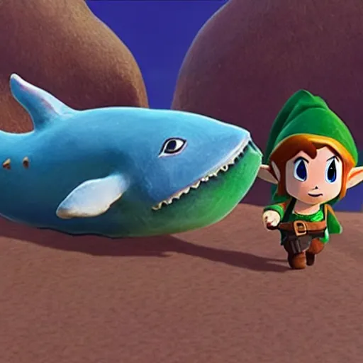 Image similar to the legend of zelda : link's awakening flying whale scene pixar movie still