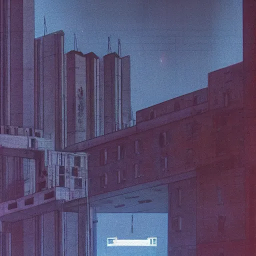 Image similar to 1984, Orwellian dystopia, brutalist buildings, deep blue atmosphere, blue hour