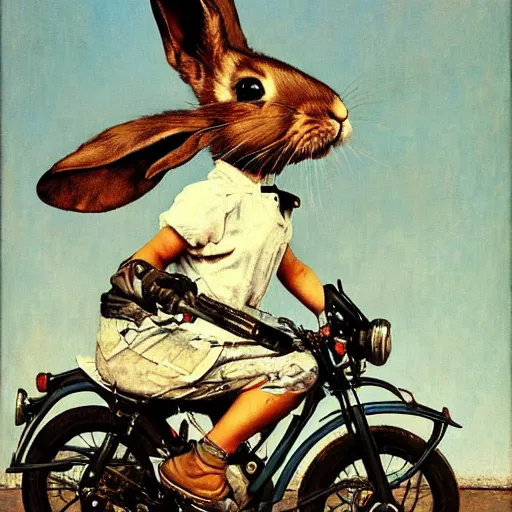 Prompt: a portrait of a bunny riding a motorcycle, oil painting, detailed, beautiful, by norman rockwell