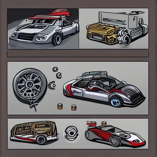 Image similar to car engine, car parts concept, card, comic page