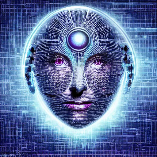 Image similar to an insanely detailed cibernetic artwork of a futuristic artificial intelligence superstar, centered image, with frames made of detailed fractals, octsne render, 4k, insanely detailed, detailed grid as background, cgi