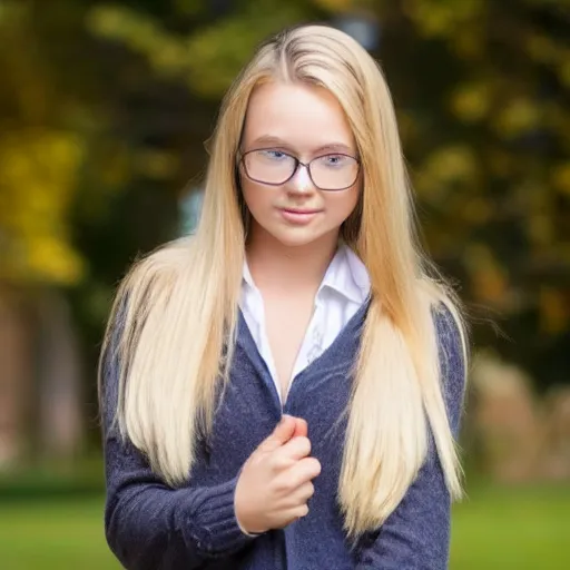 Image similar to female nursing student, dirty blonde with highlights, neck length hair, big nose, pretty, wearing a cardigan