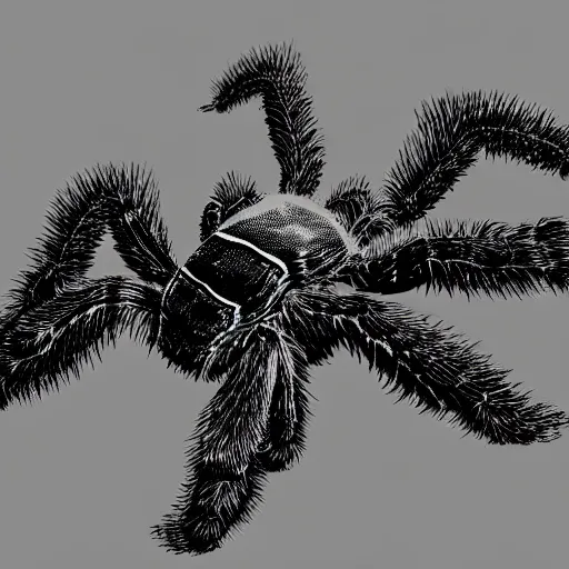 Image similar to book illustration of a tarantula with a machine gun mounted on its back. book illustration, monochromatic, white background, black and white image