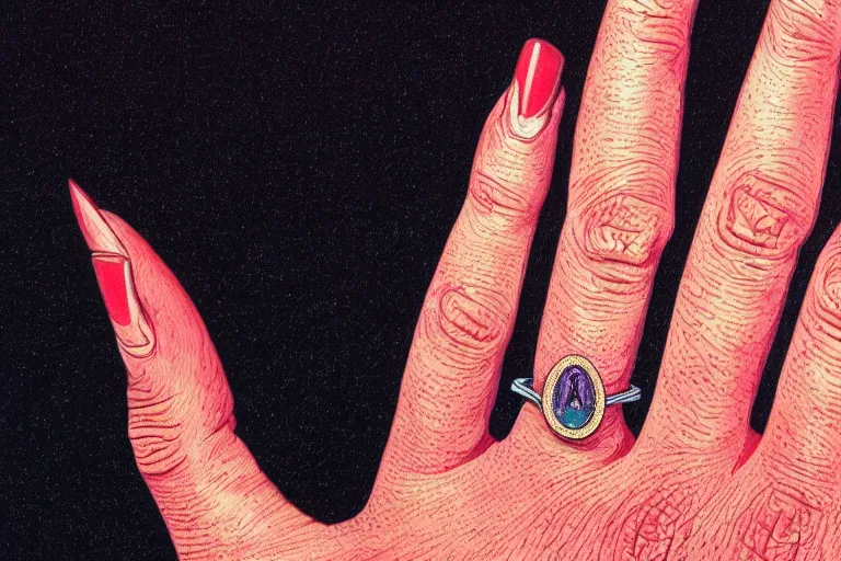 Image similar to a picture of a finger with a gem ring, slay, by moebius, hyperrealism, intricate detailed, risograph