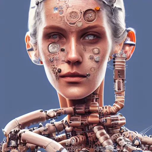 Prompt: A beautiful detailed whole body portrait painting of Dolores Abernathy, robot revolution, apocalypse, highly detailed, digital painting, artstation, cgscoiety, cinematic, intricate, smooth, sharp focus, illustration, Unreal Engine 5, concept art, 8K, art by Westworld.