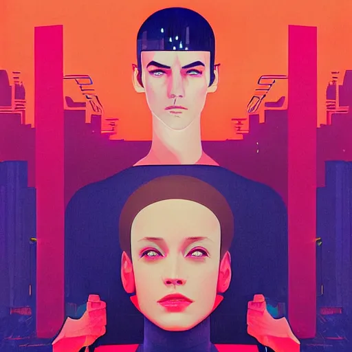 Image similar to portrait handsome androgynous sci - fi girl, blade runner 2 0 4 9, futuristic metropolis, digital art, pop art by hsiao - ron cheng and george tooker