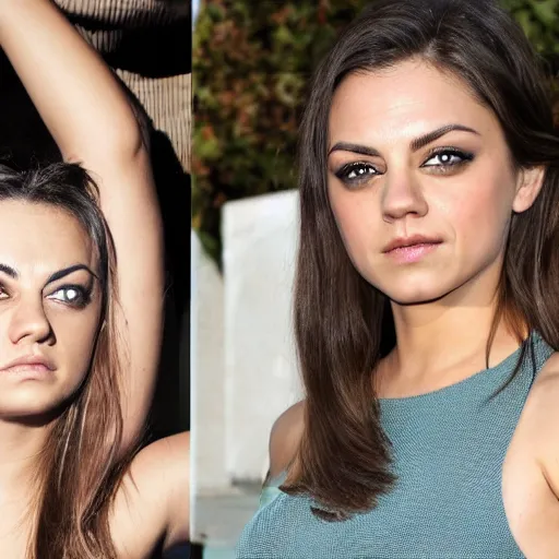 Image similar to a woman who is a genetic combination of mila kunis and emma watson face and upper - body focus