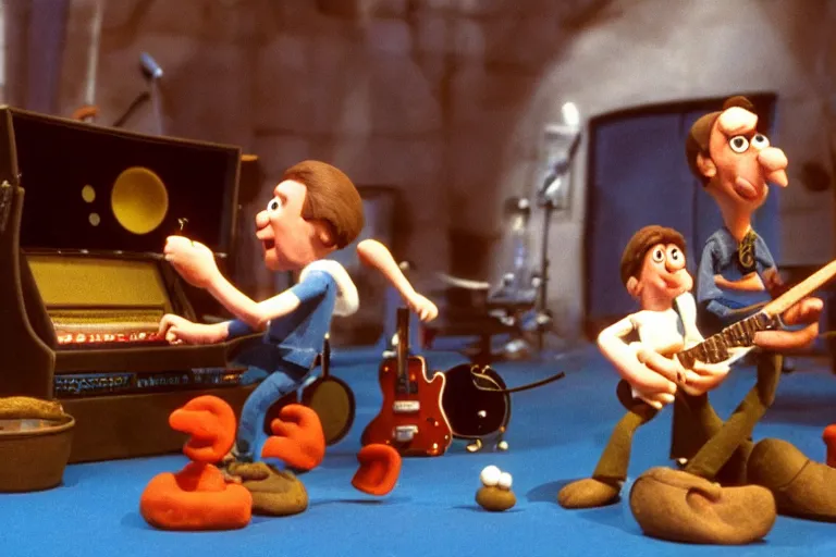 Image similar to aardman claymation scene of rush playing live on stage