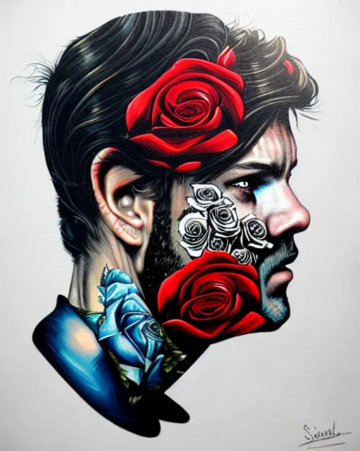 Image similar to split face of a man with pistol and roses in a deep sea with intricate details by Sandra Chevrier with half image