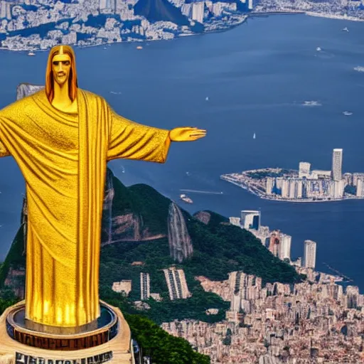 Prompt: christ the redeemer made out of gold, rio de janeiro