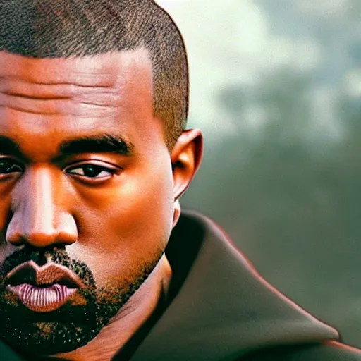 Image similar to cinematic film still of Kanye West starring as a Japanese Sensei with fire, Japanese CGI, VFX, 2003, 40mm lens, shallow depth of field, film photography