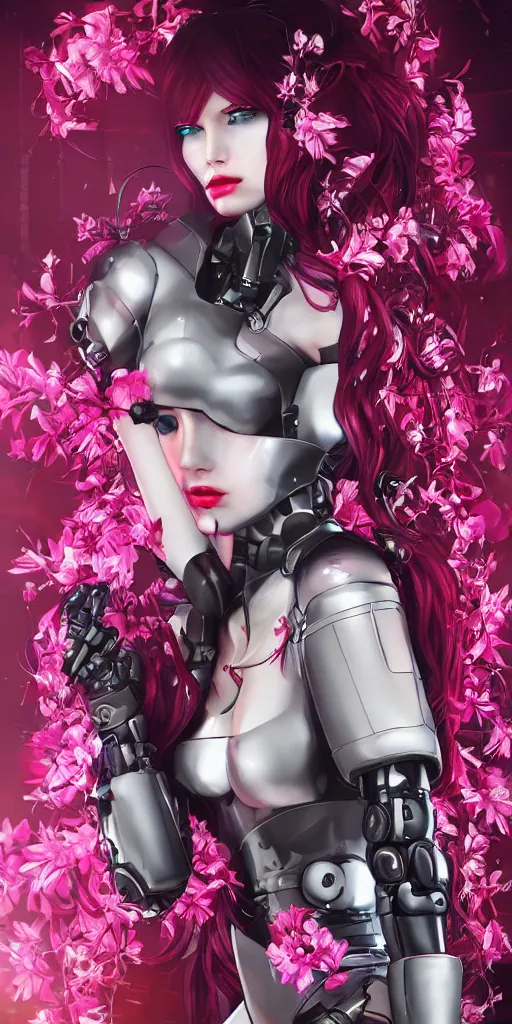 Prompt: Robot girl with red hair Cyber punk 2077, a very beautiful portrait, Devil May Cry game style, woman wrapped in lily flowers, photorealism