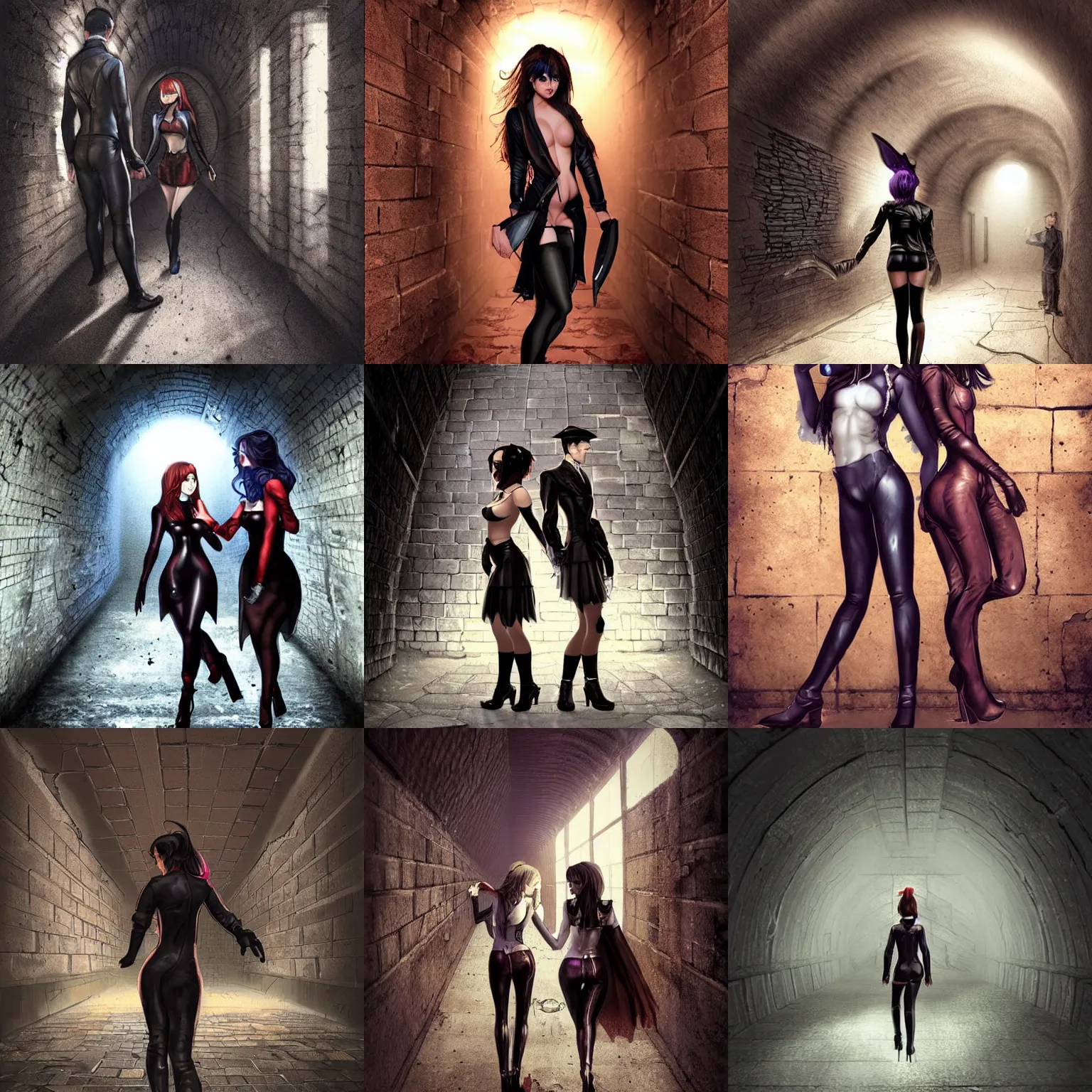 Image similar to a schoolboy and a succubus in a leather suit leaning on a cracked brick wall, devil wings, long hallway, seductive, light at the end of the tunnel, volumetric lighting, concept art, detailed, dramatic lighting, by artgerm