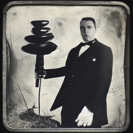 Prompt: “ tintype photograph of a time traveller in a suit made of ferro fluid ”