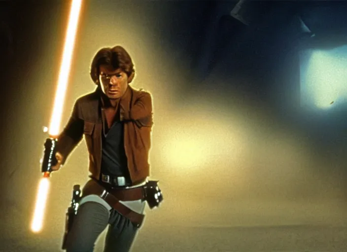 Prompt: screenshot of portrait Han Solo shooting his laser blaster, iconic scene from 1970s film by Stanley Kubrick, the lost Star Wars Film, moody hazy lighting, stunning cinematography, hyper-detailed, crisp, anamorphic lenses, kodak color film stock, 4k