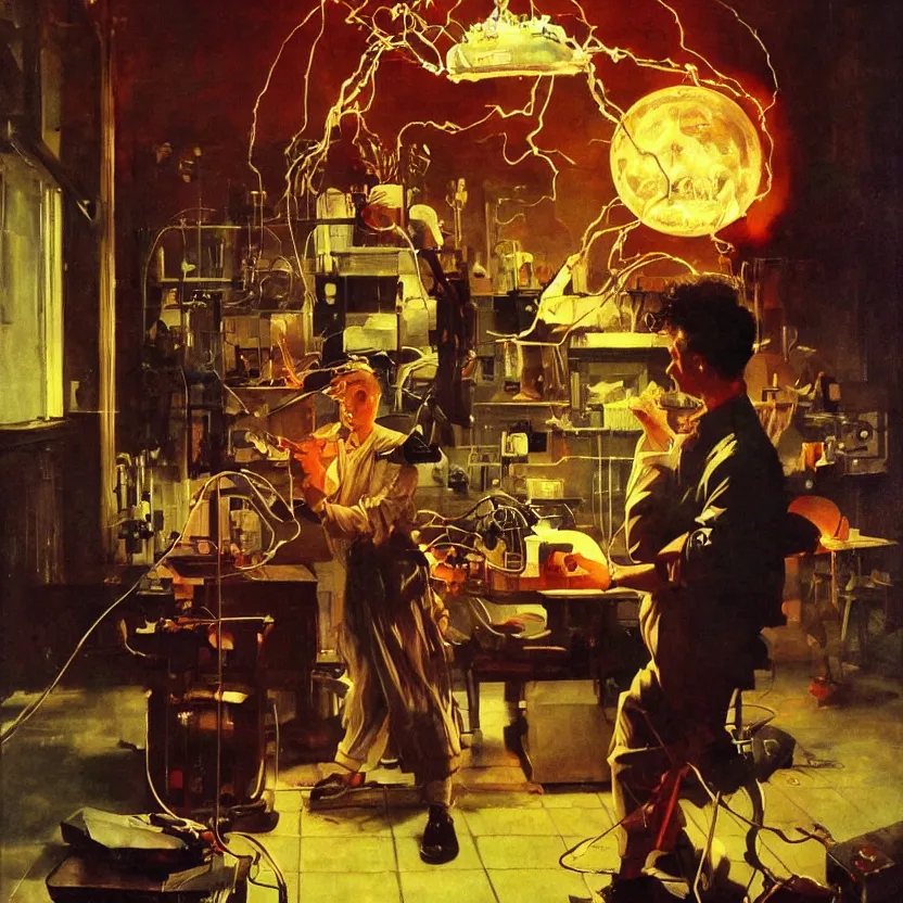 Image similar to mad scientist experimenting with electricity and glowing plasma, painting by norman rockwell, frank frazetta, and syd mead. rich colors, high contrast, gloomy atmosphere, dark background. trending on artstation