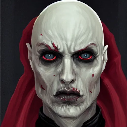 Prompt: d & d painting portrait necromancer man with bald head, red sunken eyes, pallid skin, long flowing black and red robes. fingers are bony and long