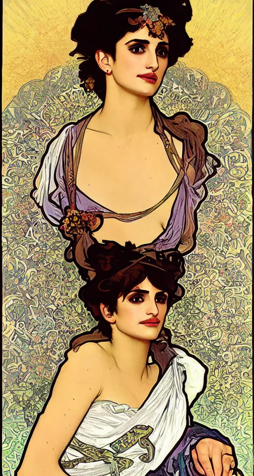 Image similar to portrait of penelope cruz, artwork by alphonse mucha