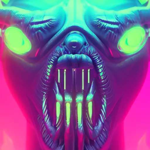 Prompt: synthwave demonic alien face with neon tattos, detailed face, sharp focus, synthwave art, aesthetic, octane render, raw, cinematic, colorful