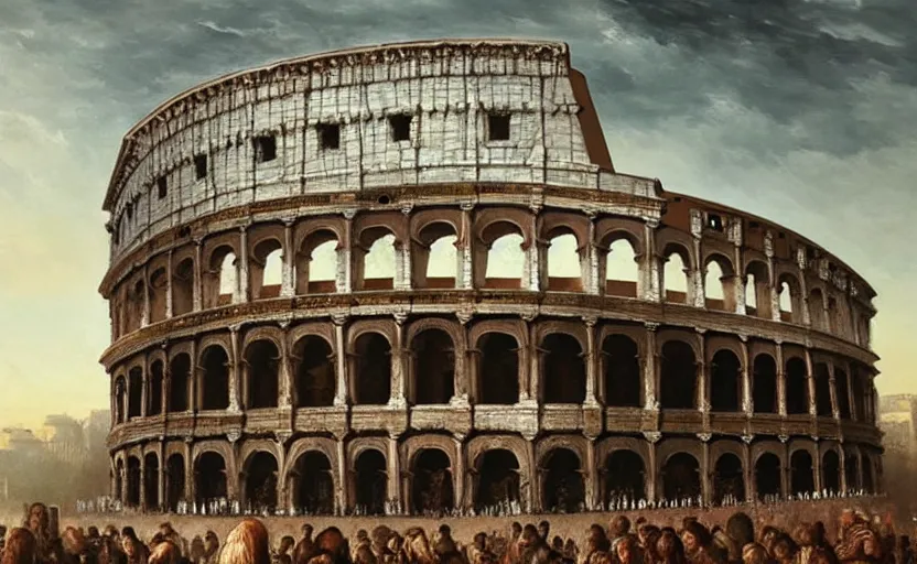 Image similar to A painting of the Roman Colosseum trending on artstation in the style of Greg Rutkowski