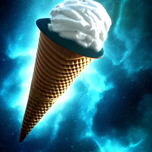 Prompt: dramatic render of a rocket powered ice cream cone flying through a space nebula of flavors, cgsociety, artstation, 4k