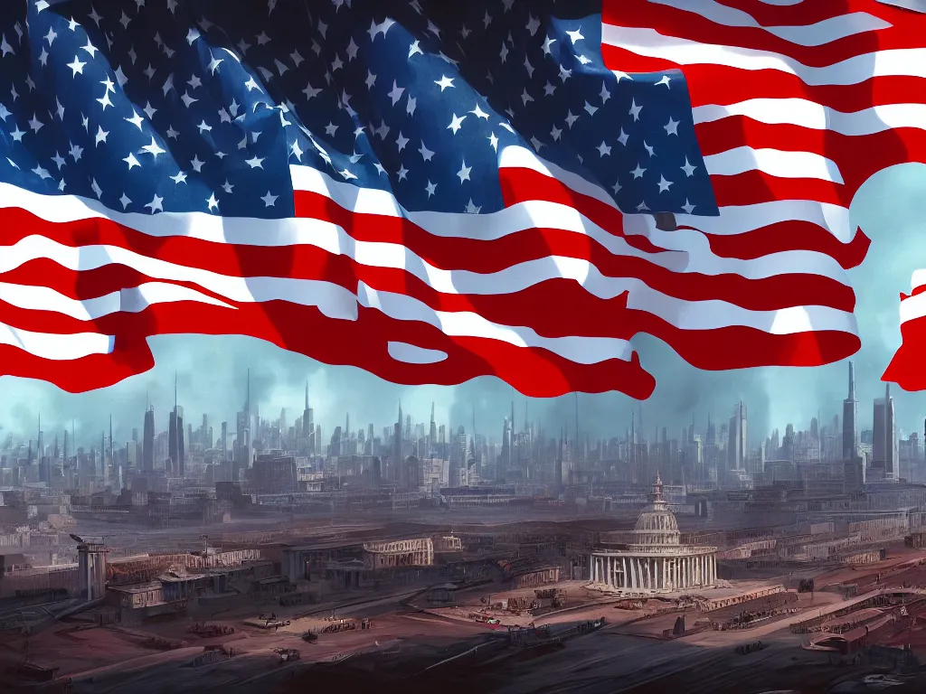 Prompt: landscape matte painting of the american working class taking over tech companies and conglomerates, digital painting, modern city scape, conflict, camaraderie, sacrifice, hope, triumph of communism in america, socialist american state flags, highly detailed, 4 k, artstation, photorealistic, architecture