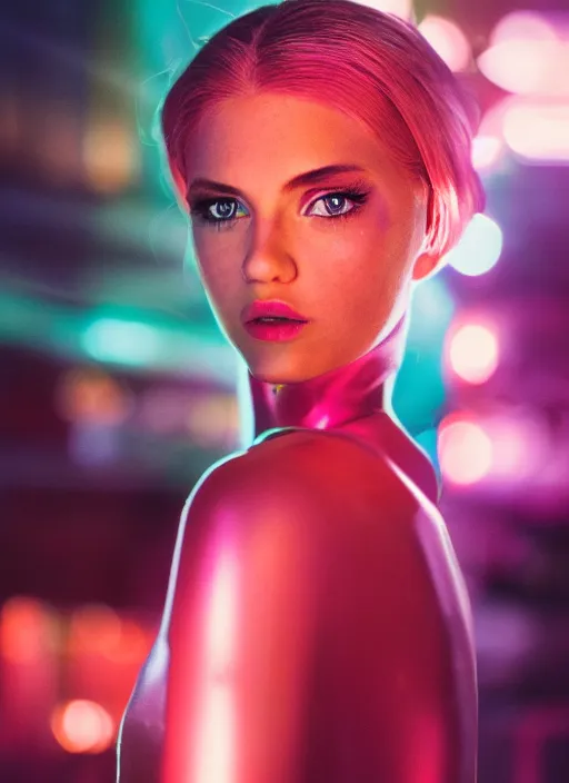 Image similar to A hyper realistic and detailed head portrait photography of futuristic strawberry-blonde youthful female in futuristic clothing on a futuristic street. by Annie Leibovitz. Neo noir style. Cinematic. neon lights glow in the background. Cinestill 800T film. Lens flare. Helios 44m