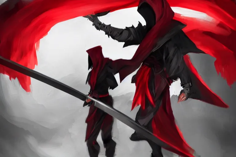 Image similar to a twin blade muscular swordsman, red and black cape and hoodie, scary, intimidating, worn out clothes, torn clothes, concept by James Paick