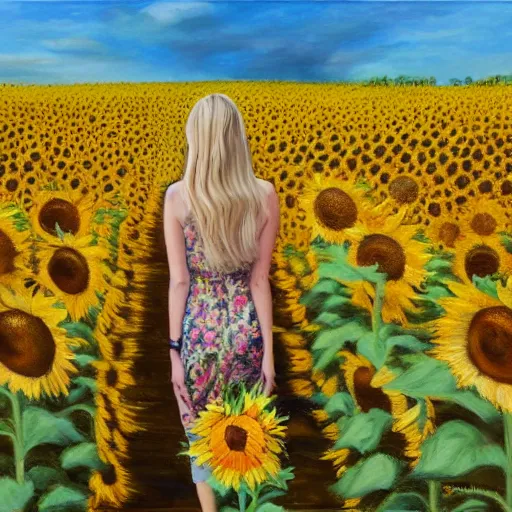 Image similar to a blonde babe slowly walking through amazing tall sunflower field, her blonde hair flowing down, subtle, intricate details, real masterpiece, oil on canvas, by somsak anong